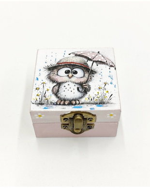 Set lucrat manual, cutiuta lemn si cercei, Bufnita cu umbreluta, 4677