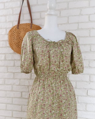 Rochie Panza Talie Elastica Vernil cu Flori Mici Mov