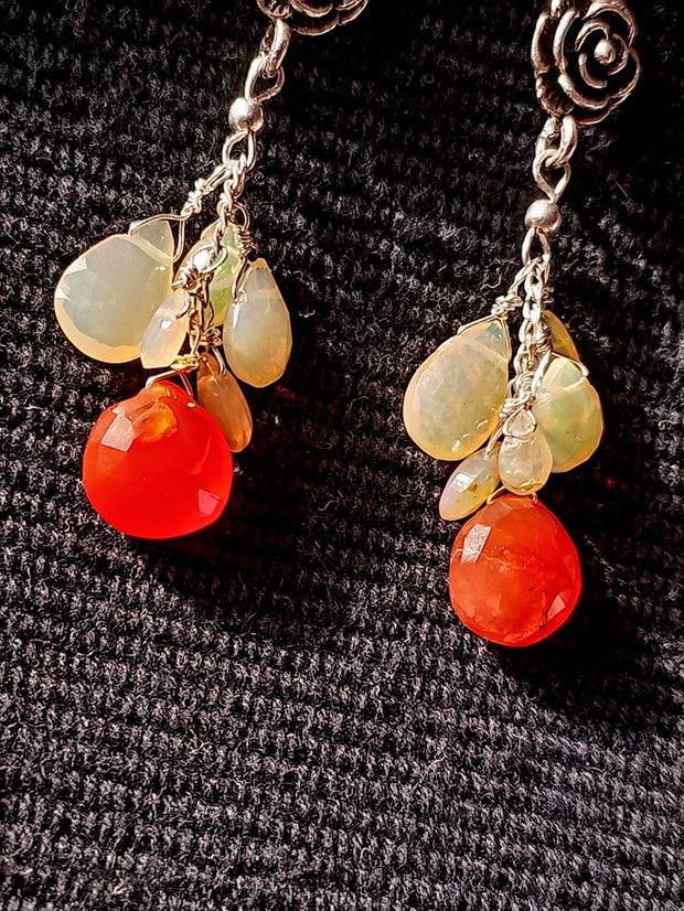 Cercei argint opal de fic etiopian carneol briolete floare argint boho chic trendy
