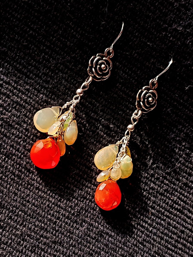 Cercei argint opal de fic etiopian carneol briolete floare argint boho chic trendy