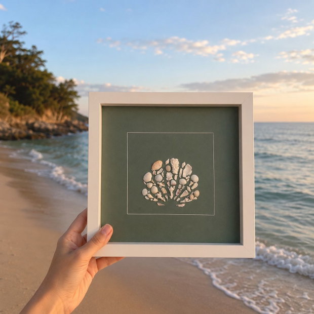 Tablou handmade unicat Sea Shell Mosaic în ramă Shadow Box  scoici naturale pe fundal verde salvie