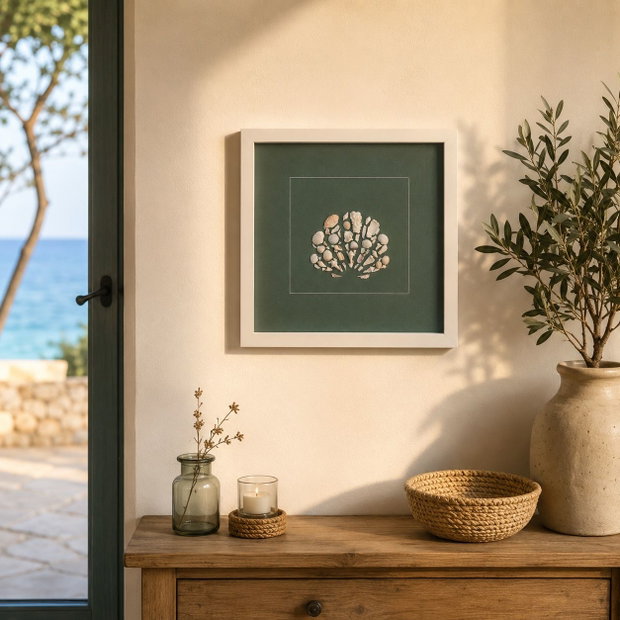 Tablou handmade unicat Sea Shell Mosaic în ramă Shadow Box  scoici naturale pe fundal verde salvie