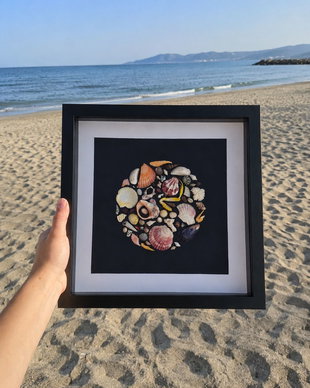 Shadow Box cu Scoici Naturale | Decor Marin Handmade 30x30 cm