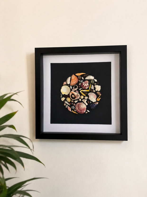 Shadow Box cu Scoici Naturale | Decor Marin Handmade 30x30 cm