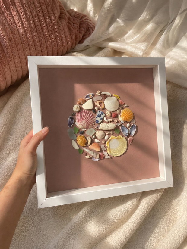 Shadow Box cu Scoici Naturale  Roz Pudrat