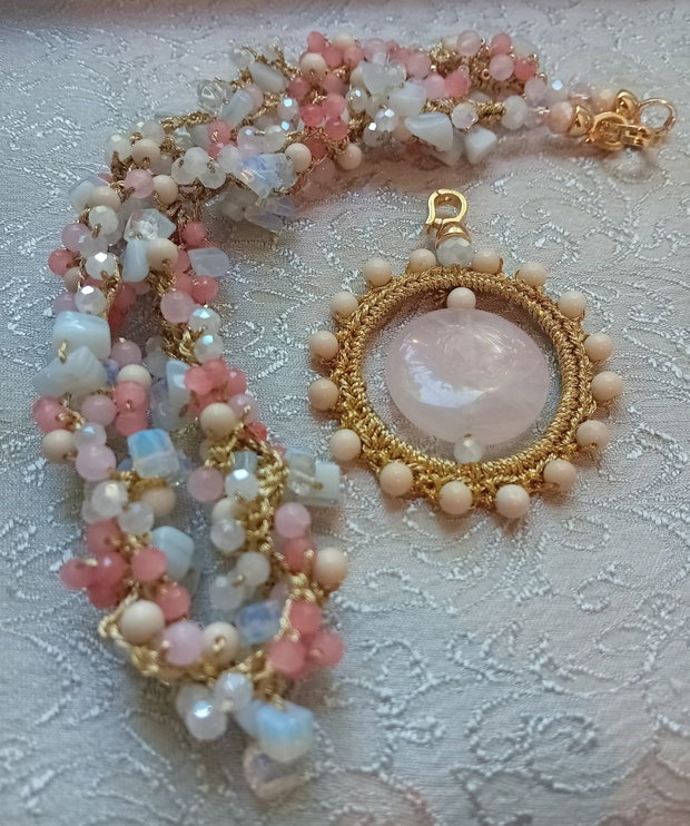 Colier quartz roz,opalit,cristale,agate