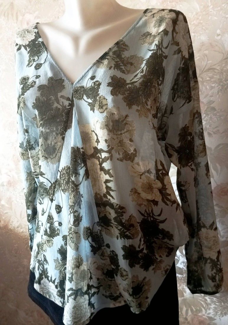 bluza de voal bleu - olive, inflorata , cu pliu , 46