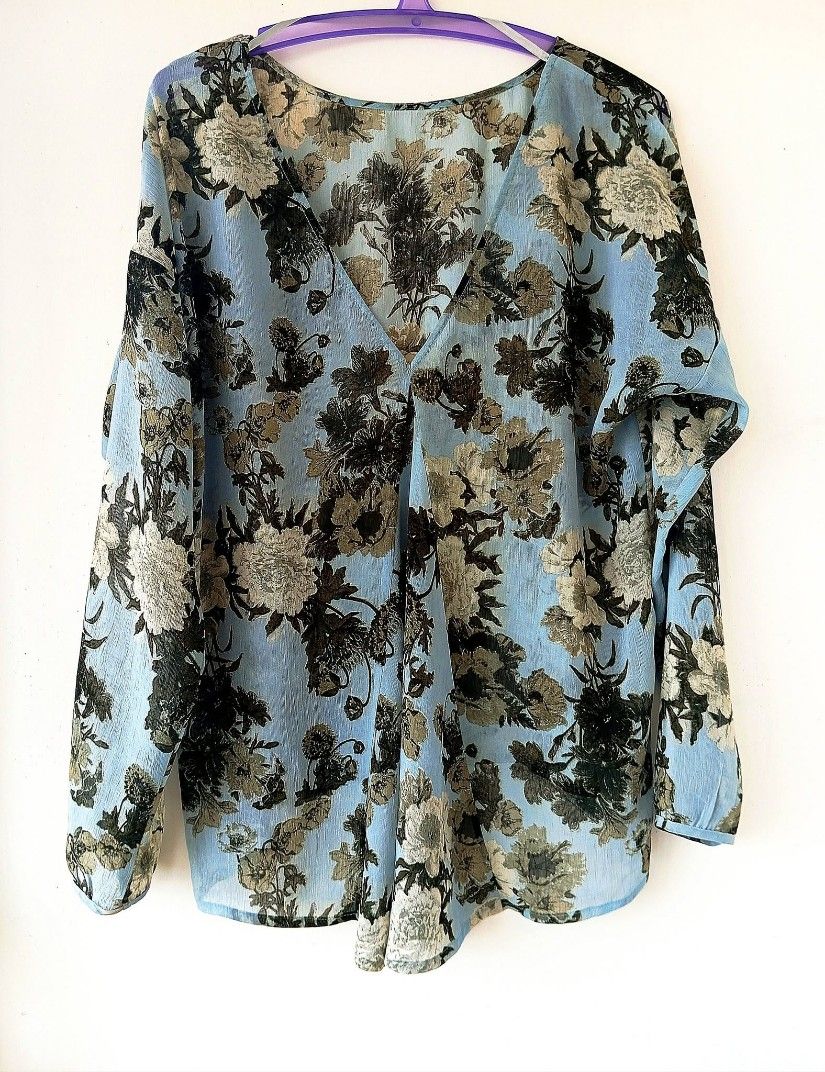 bluza de voal bleu - olive, inflorata , cu pliu , 46