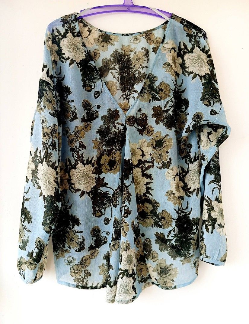 bluza de voal bleu - olive, inflorata , cu pliu , 46