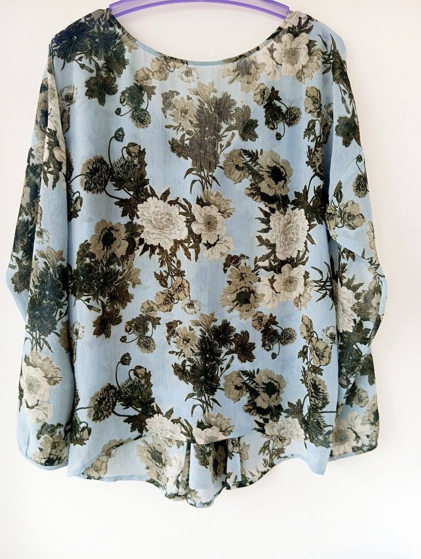 bluza de voal bleu - olive, inflorata , cu pliu , 46