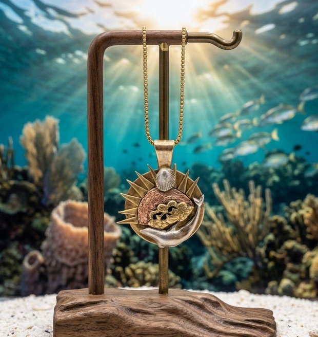 pandantiv de autor cu tema marina, cu un delfin din bronz alb care inoata in soarele de bronz auriu si cupru