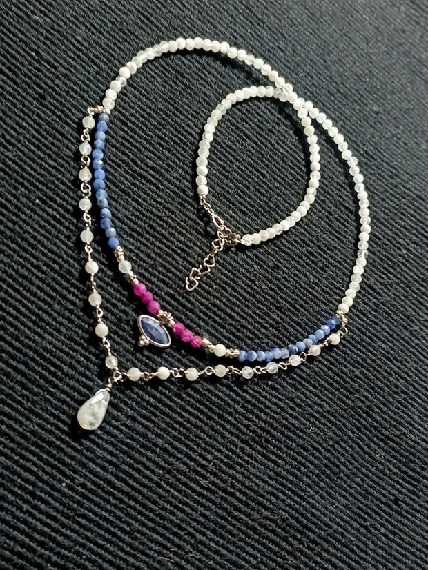 Colier argint Kianit rubin piatra lunii charm brioleta minimalist boho chic trendy