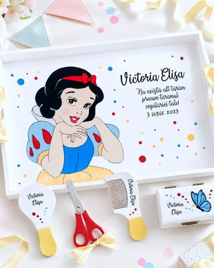 Tava turta Alba ca Zapada pictata manual personalizata cu nume, set Snow White