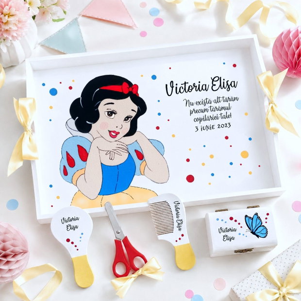 Tava turta Alba ca Zapada pictata manual personalizata cu nume, set Snow White