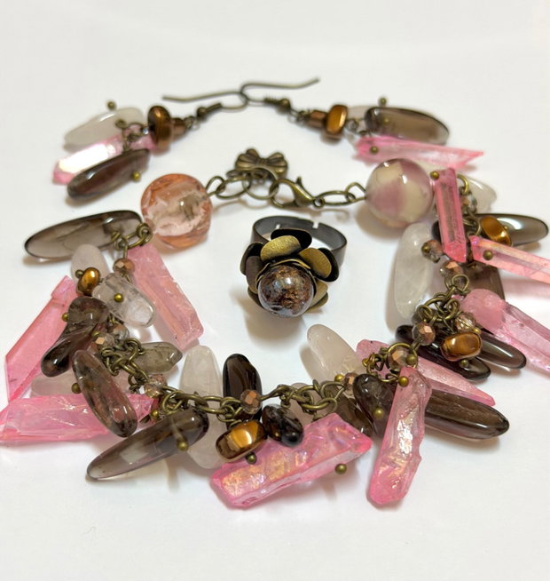 SET~VINTAGE ROSE GLOW~brățară,inel și cercei