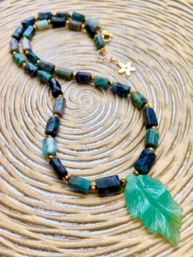 Colier CHOKER smarald natural & frunza aventurin verde