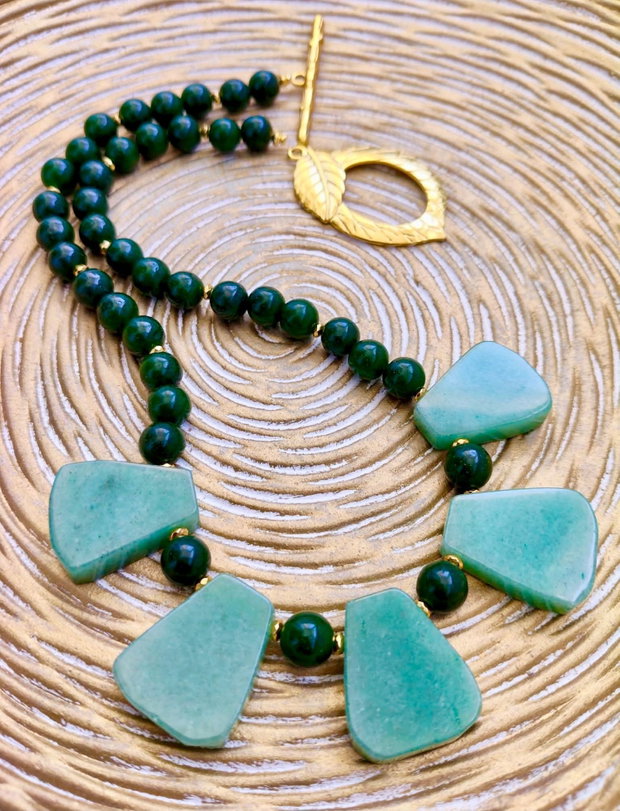 Colier vintage Aventurin verde & Jad verde forest