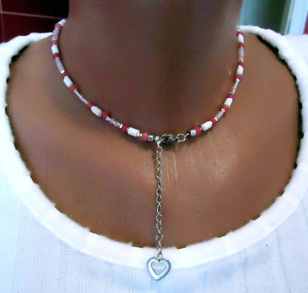 Reducere 50% /  Colier gingas crem- roze, cu perla mare, jad si Miyuki