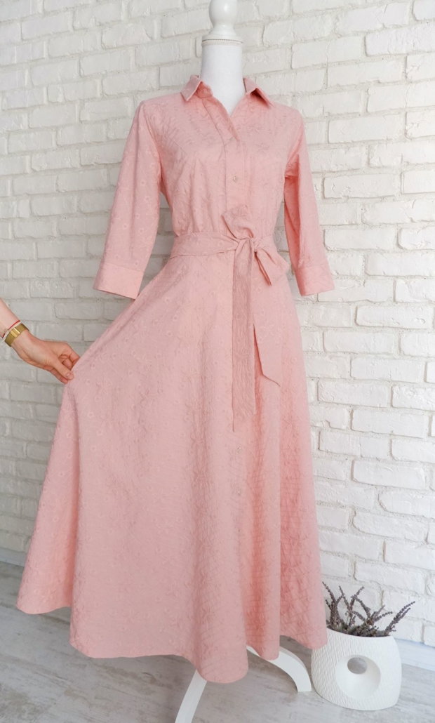 Rochie Camasa Lunga Panza Brodata Roz Prafuit