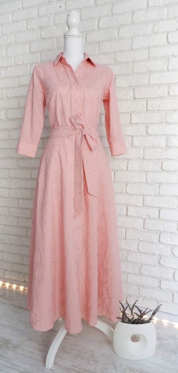 Rochie Camasa Lunga Panza Brodata Roz Prafuit
