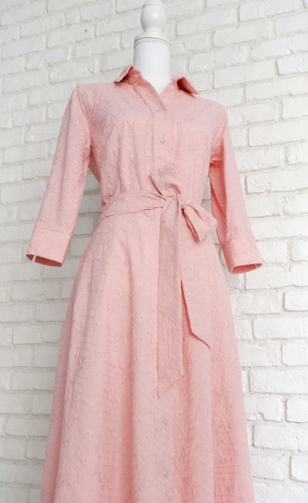 Rochie Camasa Lunga Panza Brodata Roz Prafuit