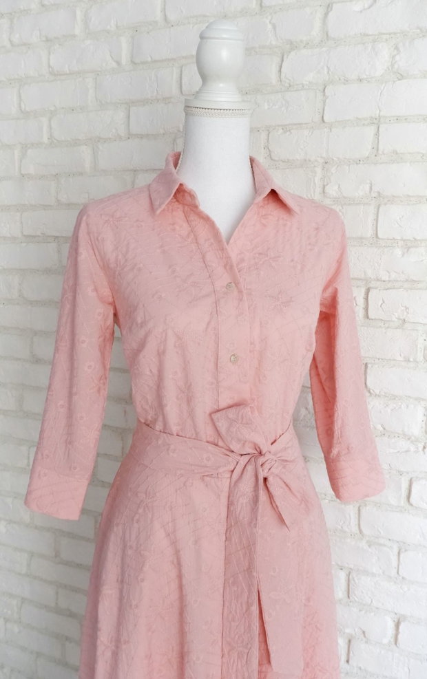 Rochie Camasa Lunga Panza Brodata Roz Prafuit
