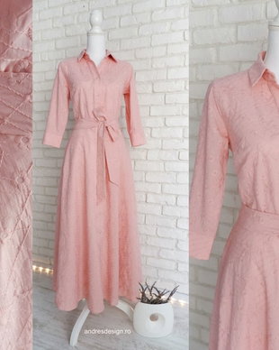 Rochie Camasa Lunga Panza Brodata Roz Prafuit