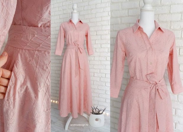 Rochie Camasa Lunga Panza Brodata Roz Prafuit
