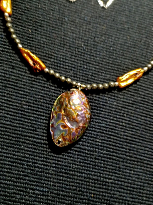 Colier argint perle naturale biwa pirita abalone lant argint boho chic trendy