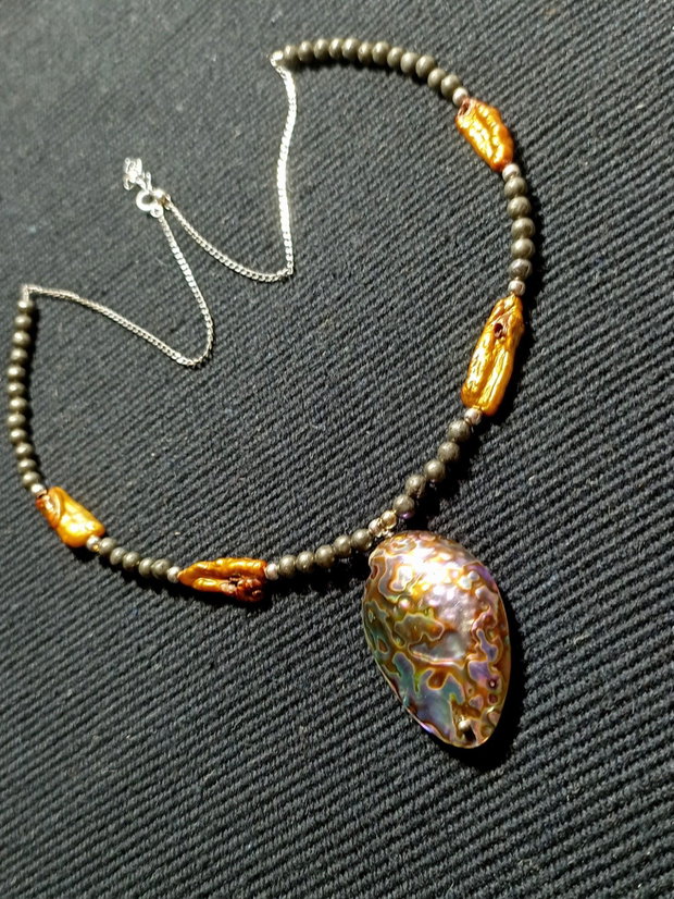 Colier argint perle naturale biwa pirita abalone lant argint boho chic trendy