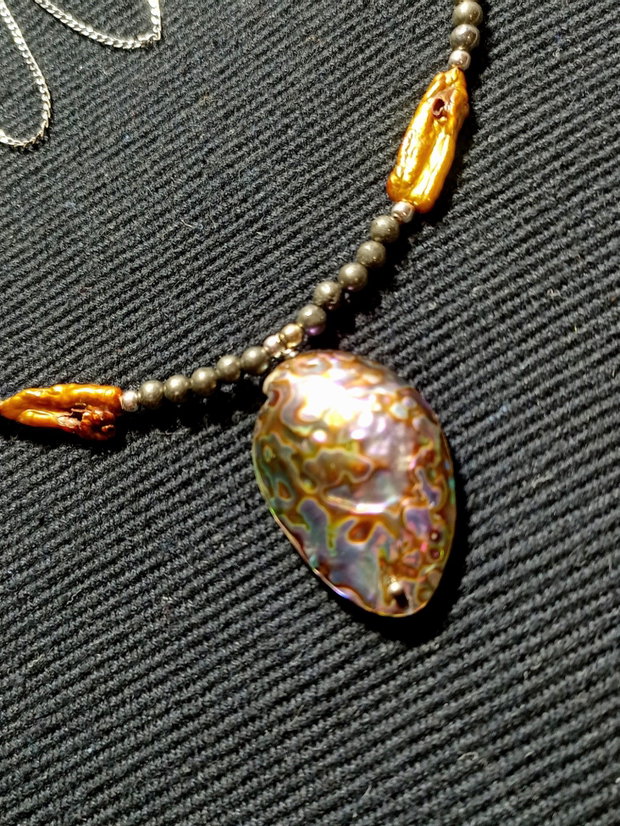 Colier argint perle naturale biwa pirita abalone lant argint boho chic trendy