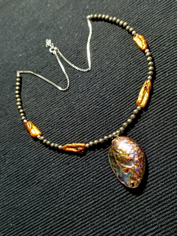 Colier argint perle naturale biwa pirita abalone lant argint boho chic trendy