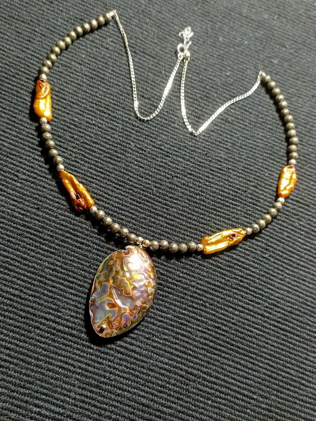 Colier argint perle naturale biwa pirita abalone lant argint boho chic trendy