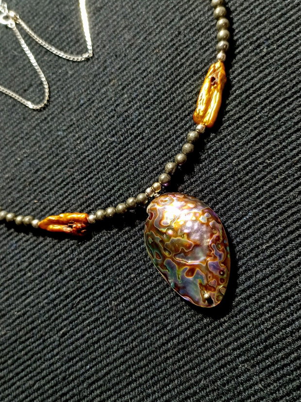 Colier argint perle naturale biwa pirita abalone lant argint boho chic trendy