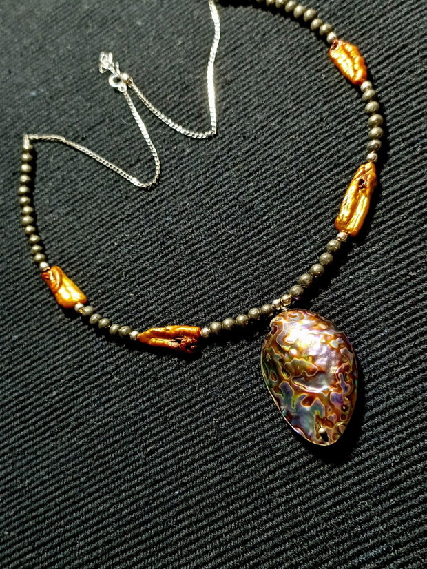 Colier argint perle naturale biwa pirita abalone lant argint boho chic trendy