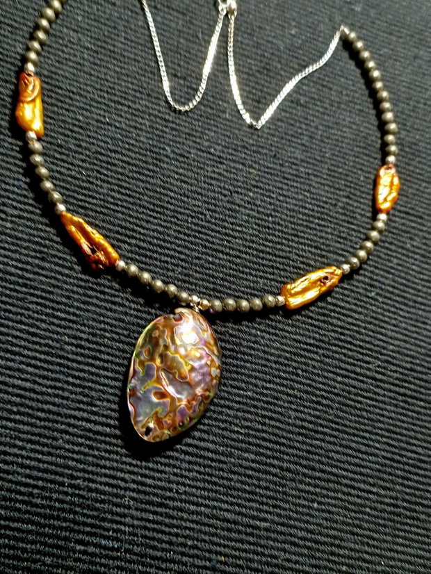 Colier argint perle naturale biwa pirita abalone lant argint boho chic trendy
