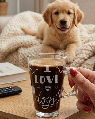 Cană din sticlă gravată manual I Love Dogs  Cadou personalizat pentru iubitorii de catei