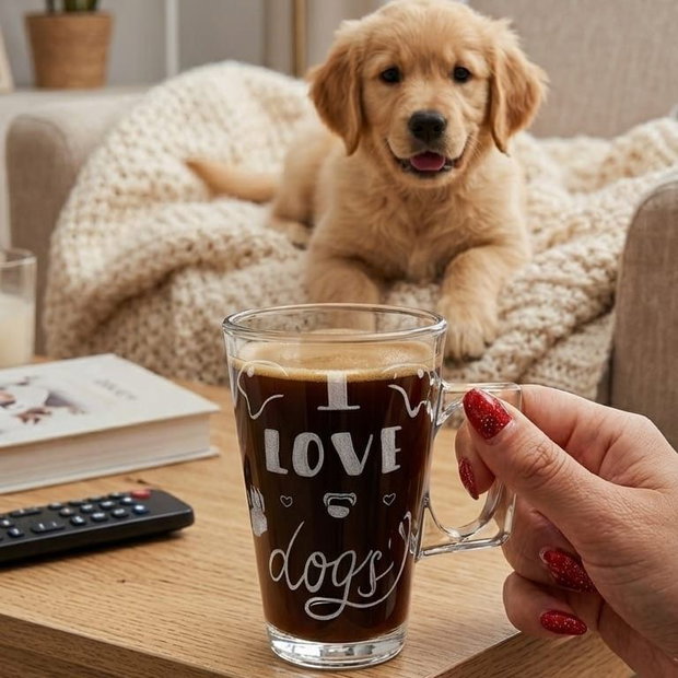 Cană din sticlă gravată manual I Love Dogs Cadou personalizat pentru iubitorii de catei