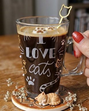 Cană din sticlă gravată manual I Love Cats  Cadou personalizat pentru iubitorii de pisici