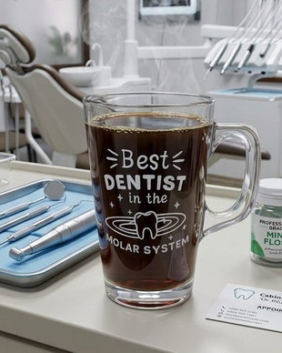 Cană din sticlă gravată manual BEST DENTIST Cadou personalizat pentru Medic Stomatolog