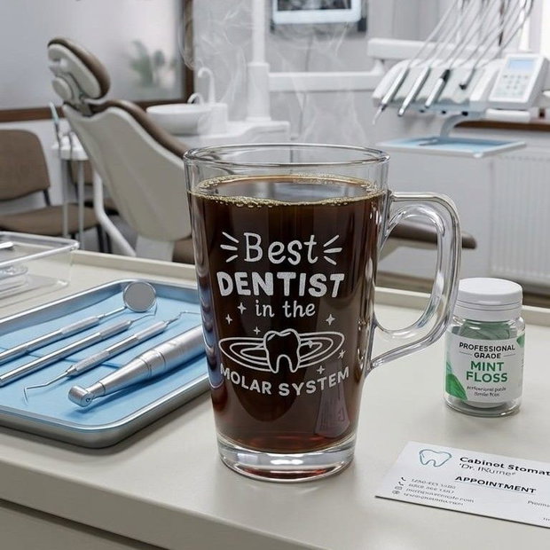 Cană din sticlă gravată manual BEST DENTIST Cadou personalizat pentru Medic Stomatolog