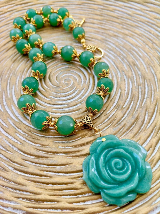 Colier vintage floare Aventurin verde