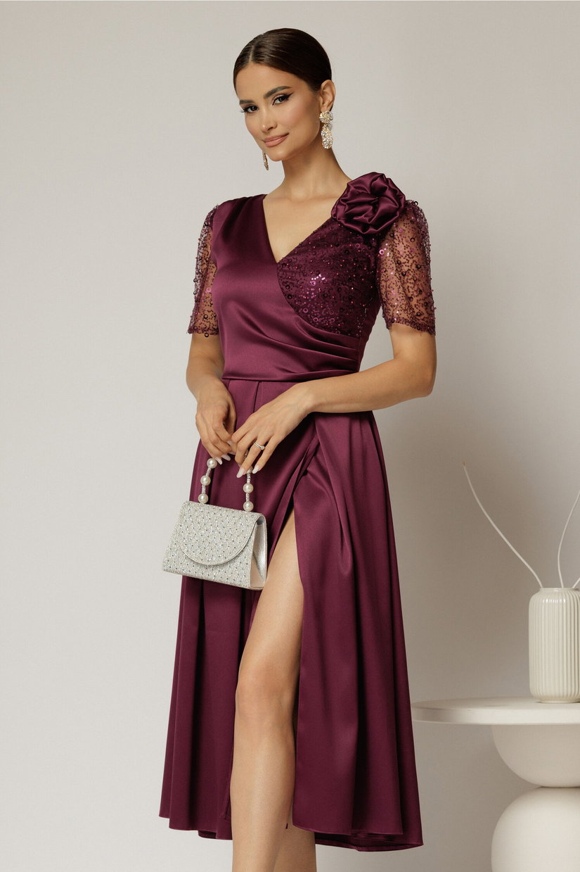 Rochie midi mov de ocazie din tafta si paiete