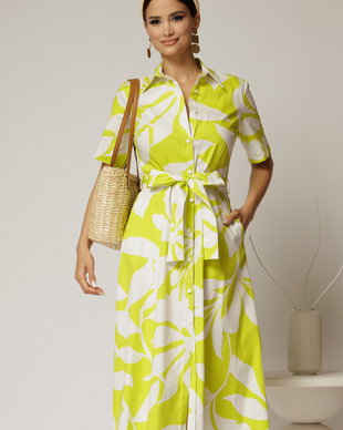 Rochie midi alba cu imprimeu verde neon tip camasa din poplin cu cordon in talie