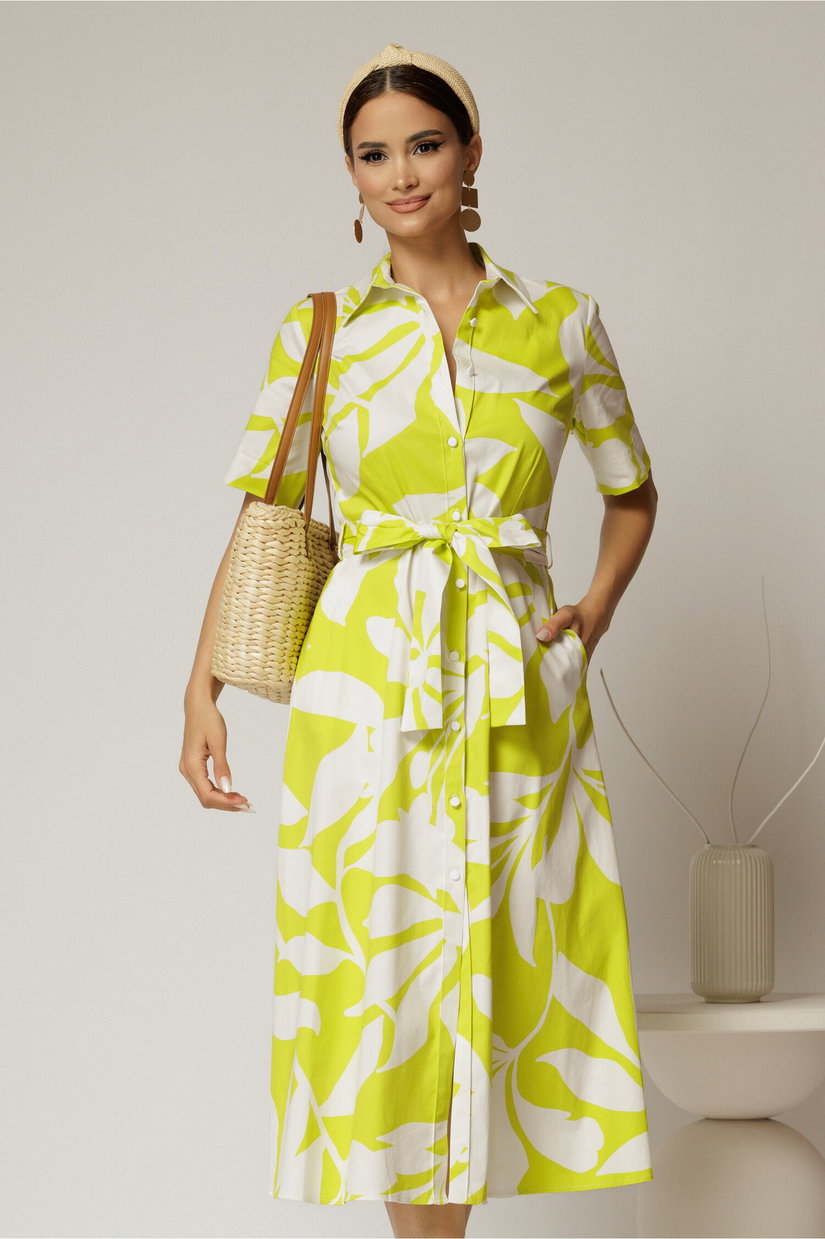 Rochie midi alba cu imprimeu verde neon tip camasa din poplin cu cordon in talie