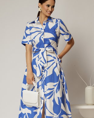 Rochie midi alba cu imprimeu albastru tip camasa din poplin cu cordon in talie