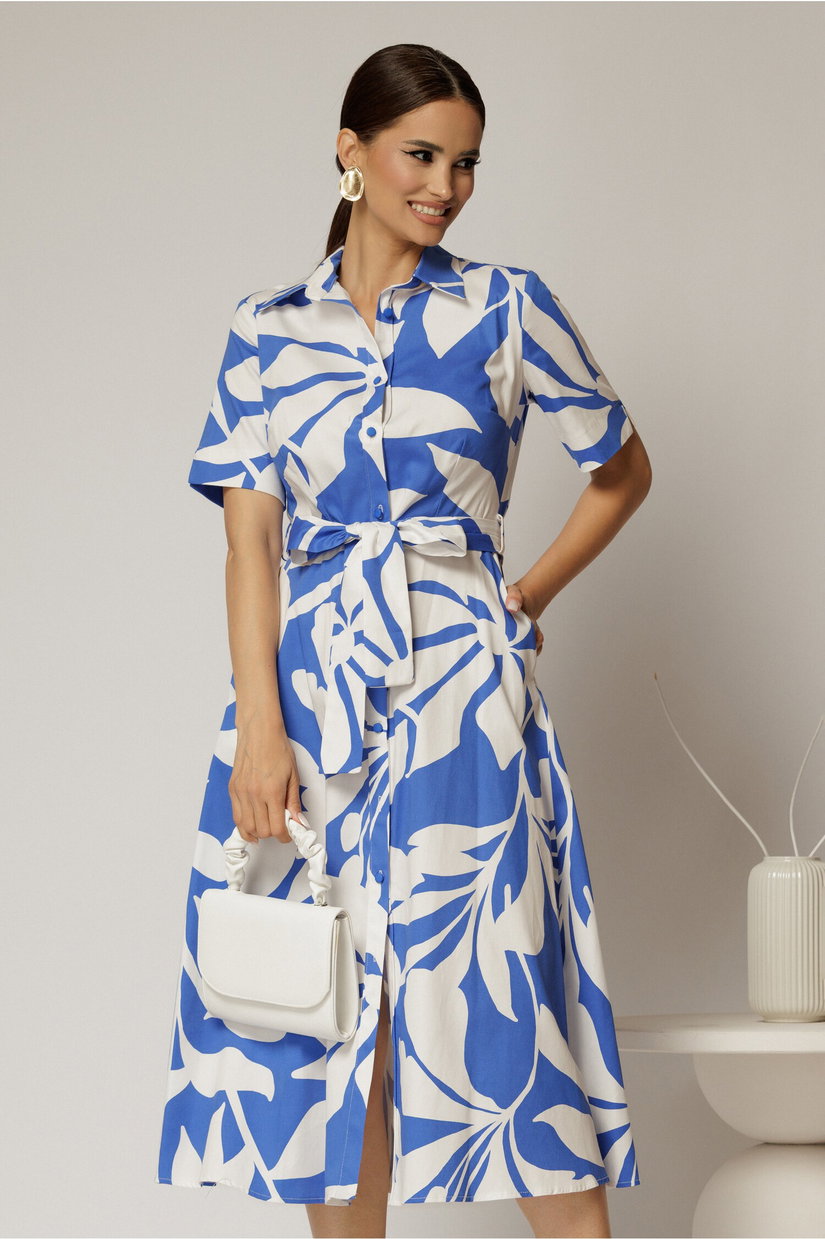 Rochie midi alba cu imprimeu albastru tip camasa din poplin cu cordon in talie
