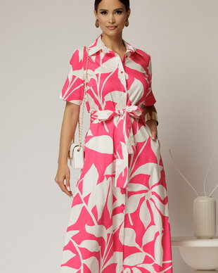 Rochie midi alba cu imprimeu fucsia tip camasa din poplin cu cordon in talie