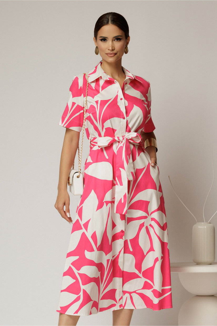 Rochie midi alba cu imprimeu fucsia tip camasa din poplin cu cordon in talie