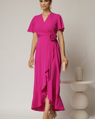 Rochie midi fucsia din triplu voal cu croi petrecut